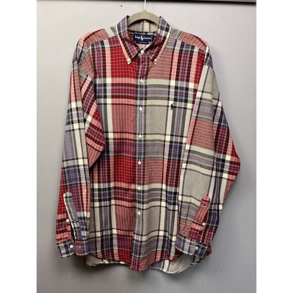 Ralph Lauren Button Down Shirt Mens Large Patchwork Plaid Red‎ Blue Preppy - Picture 1 of 6
